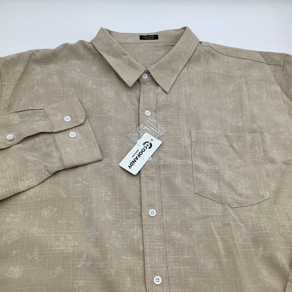 Coofandy Mens‎ Long Sleeve Button Up Linen Blend Shirt Tan Size 3XL New